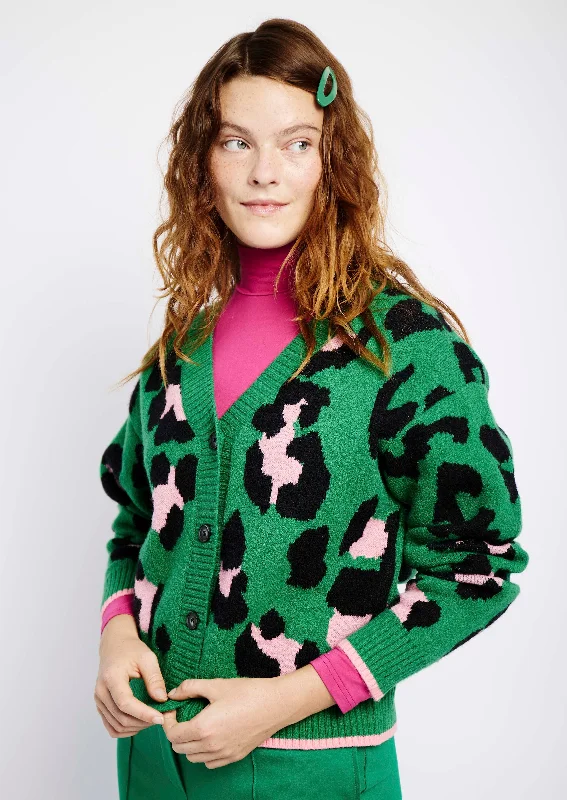 Button Through Cardigan in Pink and Green Opulent Animal