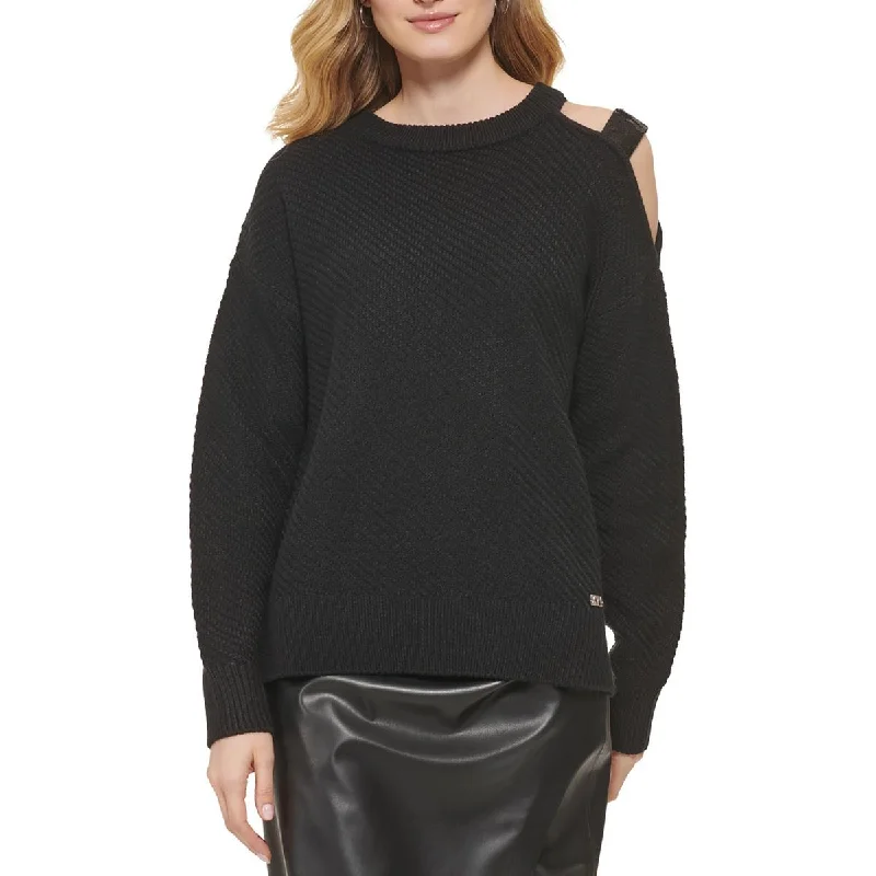 DKNY Womens Cold Shoulder Embellished Pullover Sweater