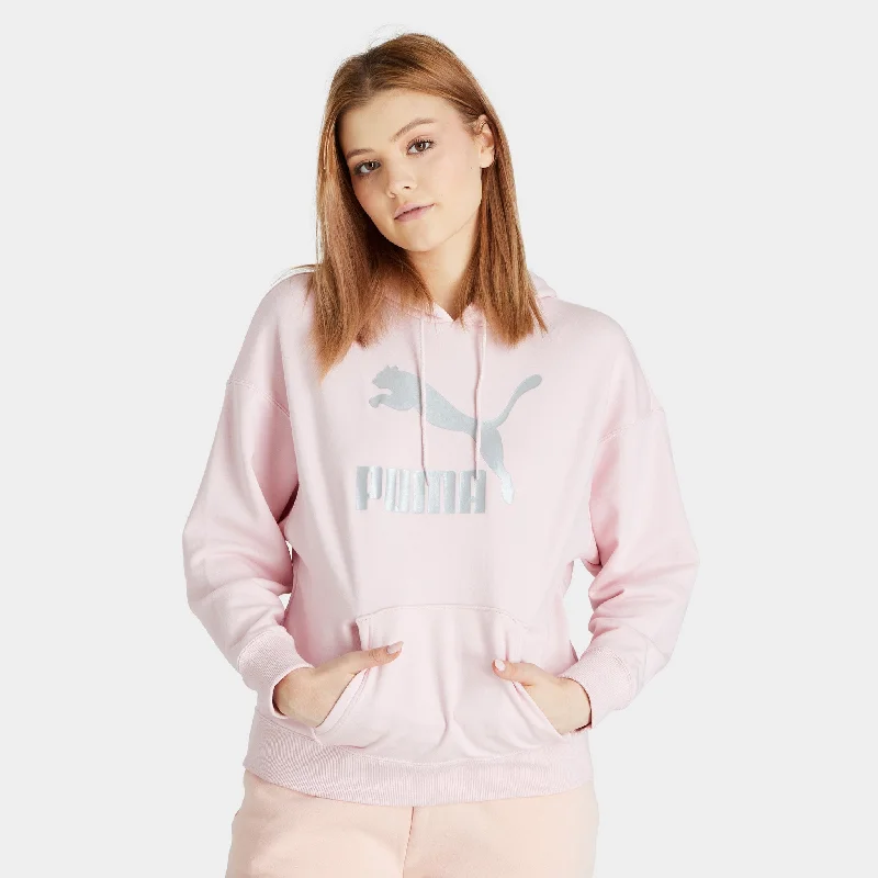 Puma Women's Classics Metallic Logo Pullover Hoodie Chalk Pink / Silver