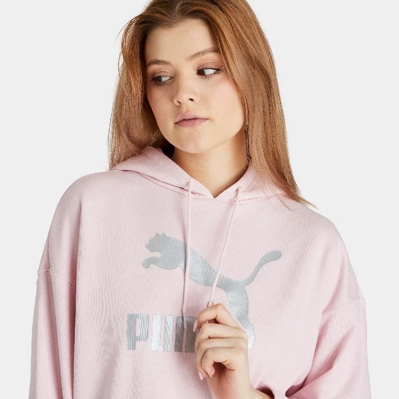 Puma Women's Classics Metallic Logo Pullover Hoodie Chalk Pink / Silver