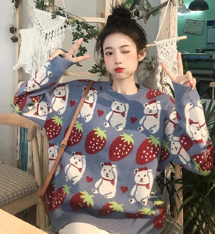 Women's Kawaii Bear Strawberry Knitted Sweater