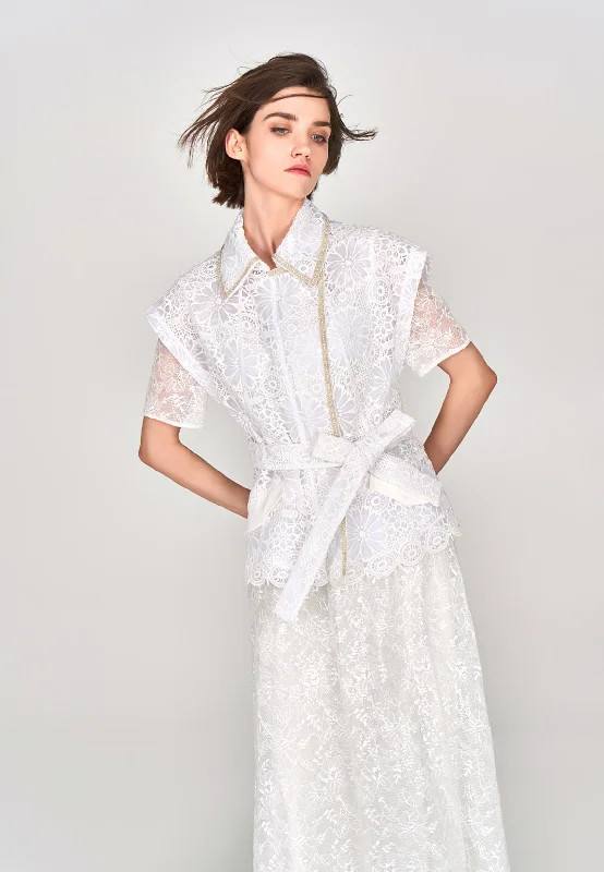 White Lace Cap Sleeves Tie-waist Vest