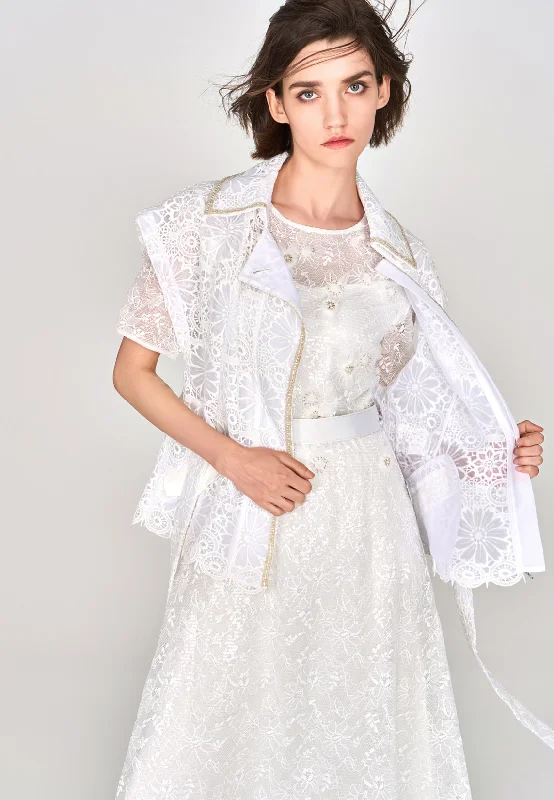 White Lace Cap Sleeves Tie-waist Vest