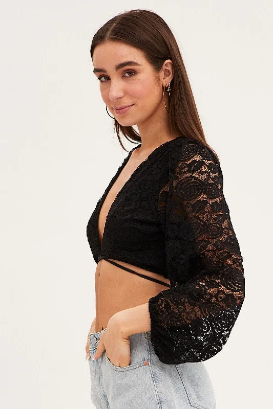 Black Bolero Long Sleeve Tie Front V Neck Lace