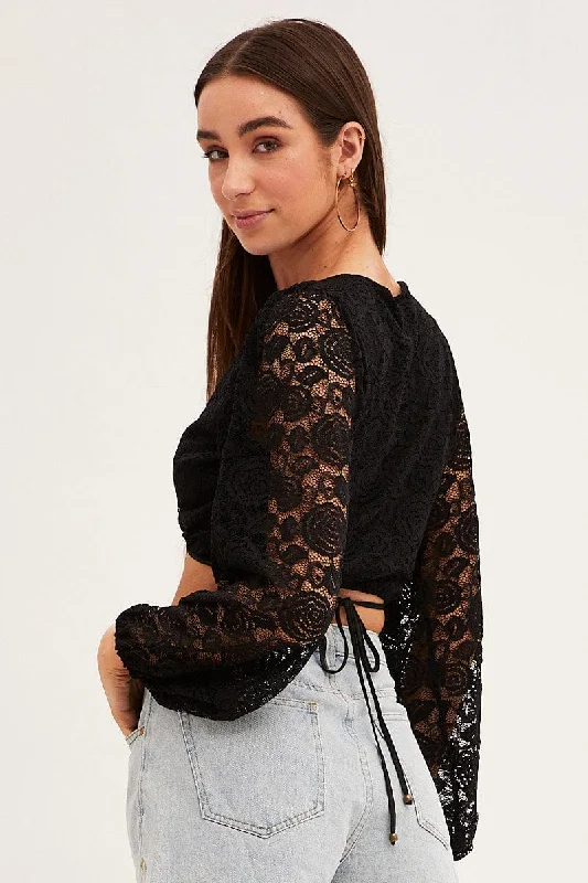 Black Bolero Long Sleeve Tie Front V Neck Lace