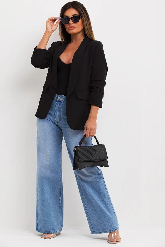 Black Ruched Sleeve Blazer