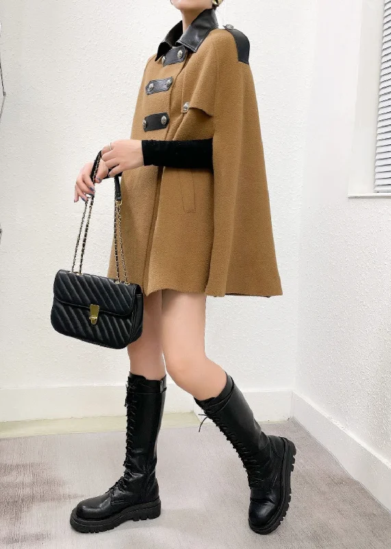 Boutique Khaki Turn-down Collar Faux Leather Patchwork Woolen Coats Winter