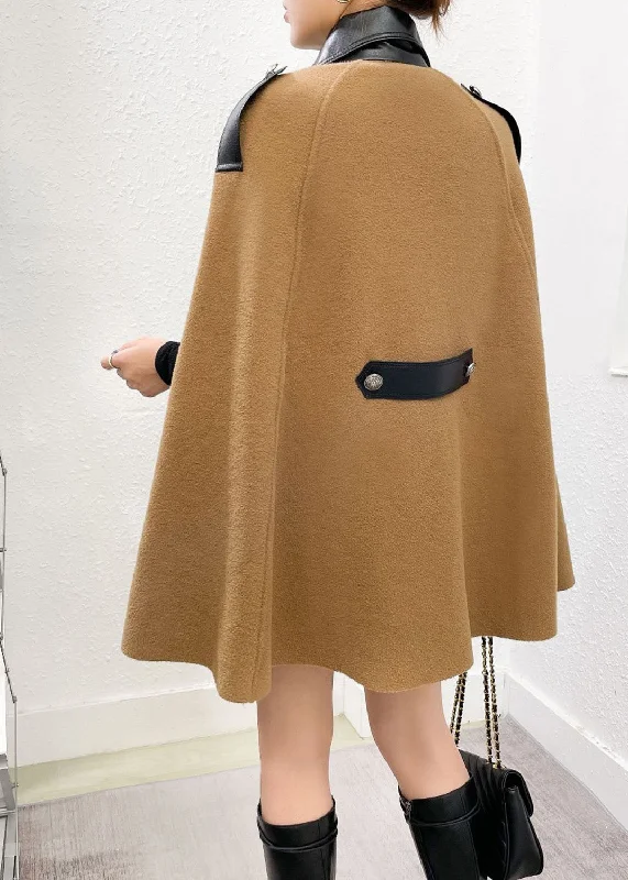 Boutique Khaki Turn-down Collar Faux Leather Patchwork Woolen Coats Winter