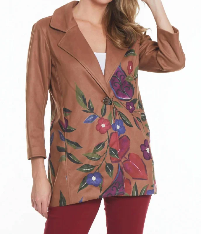 Button Front Floral Print Faux Suede Jacket In Harvest/multi