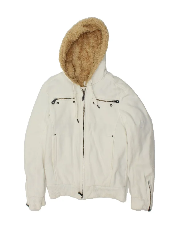 DIESEL Womens Hooded Bomber Sherpa Jacket UK 14 Medium White Cotton