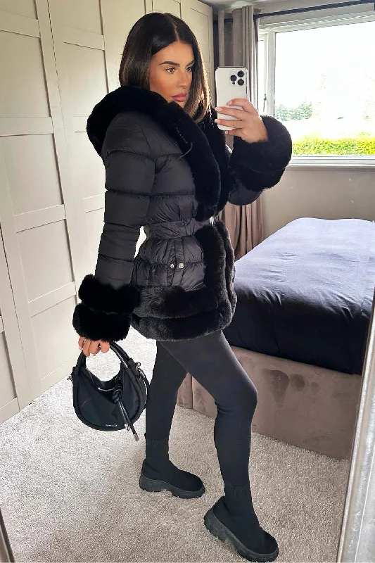 Faux Fur Trim Puffer Hooded Down Jacket With Belt