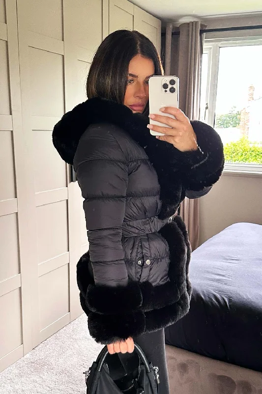 Faux Fur Trim Puffer Hooded Down Jacket With Belt