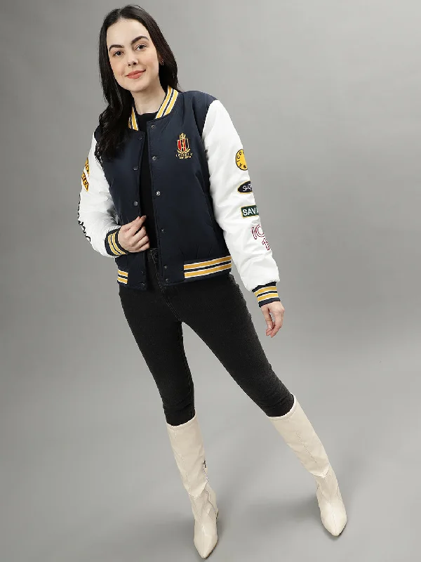 Iconic Women Navy Blue Colourblocked Stand Collar Long Sleeves Bomber Jacket