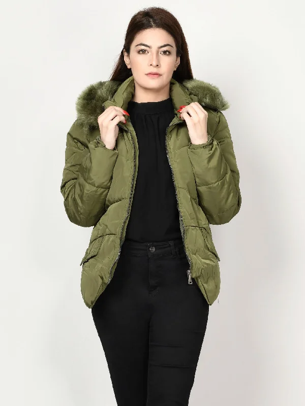 Faux Fur Puffer Jacket - Army Green