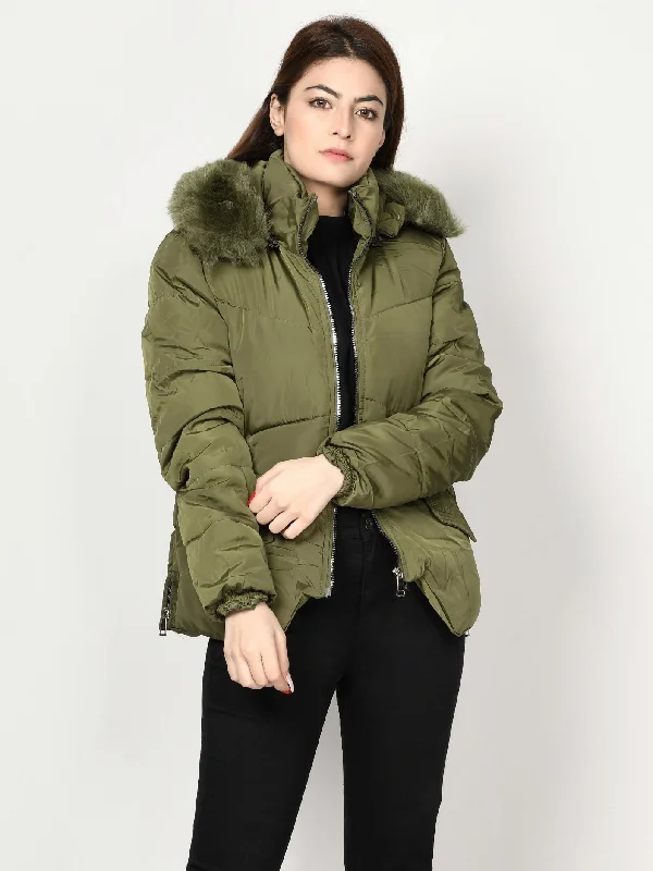 Faux Fur Puffer Jacket - Army Green