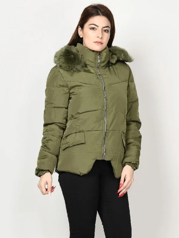 Faux Fur Puffer Jacket - Army Green