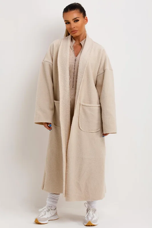 Longline Oversized Wool Look Coat With Pockets Beige