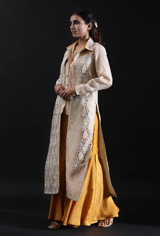 off-White & Gold Jamavar Woven Brocade Long Jacket