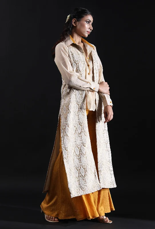 off-White & Gold Jamavar Woven Brocade Long Jacket