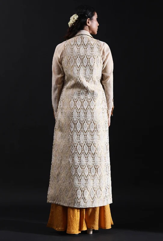 off-White & Gold Jamavar Woven Brocade Long Jacket