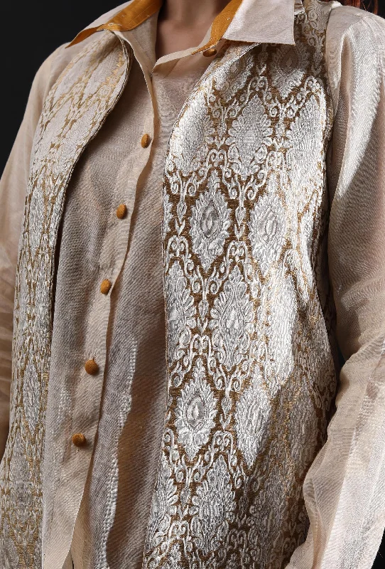 off-White & Gold Jamavar Woven Brocade Long Jacket