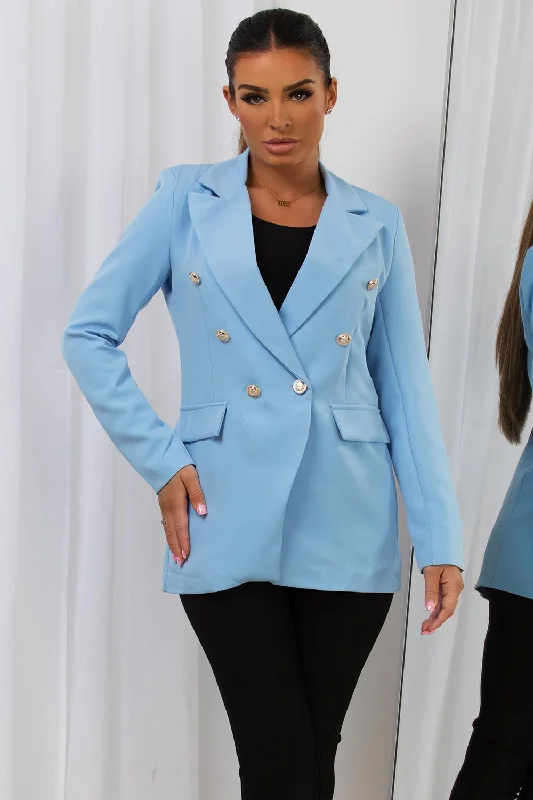 Sky Blue Double Breasted Blazer Jacket With Gold Buttons