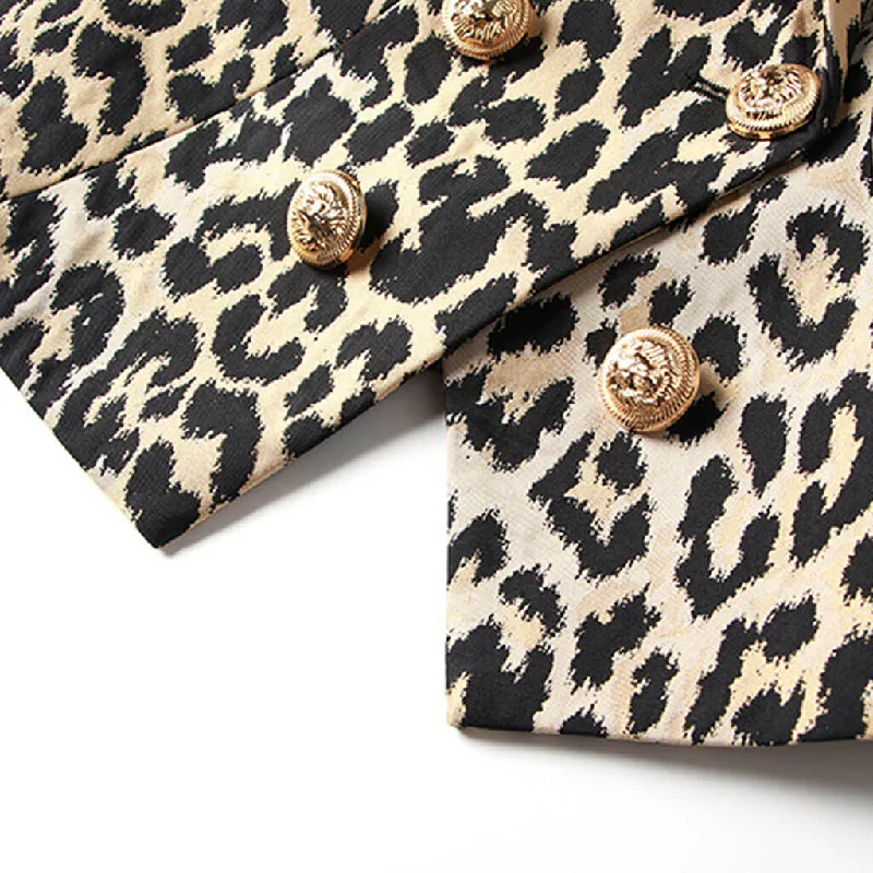 Smart Gold Toned Button Leopard Print Peak Lapel Double Breasted Tailored Blazer