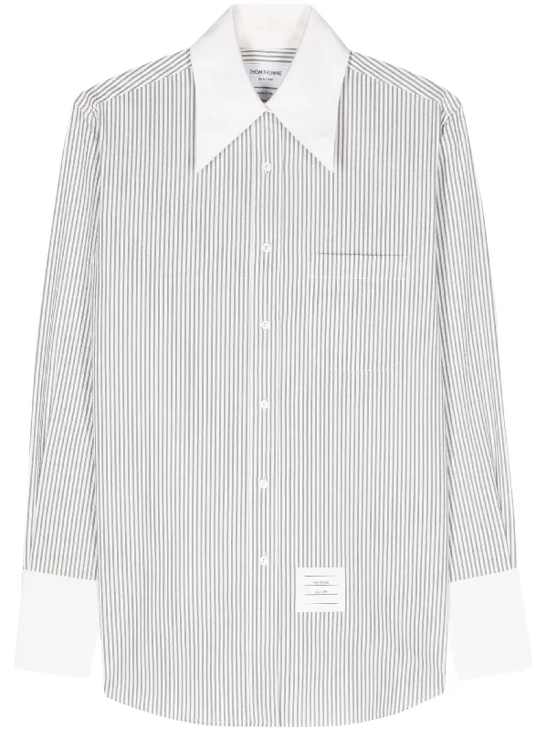 THOM BROWNE Women Exaggerated Easy Fit Point Collar Shirt W/ Combo Collar And Cuffs in Seersucker