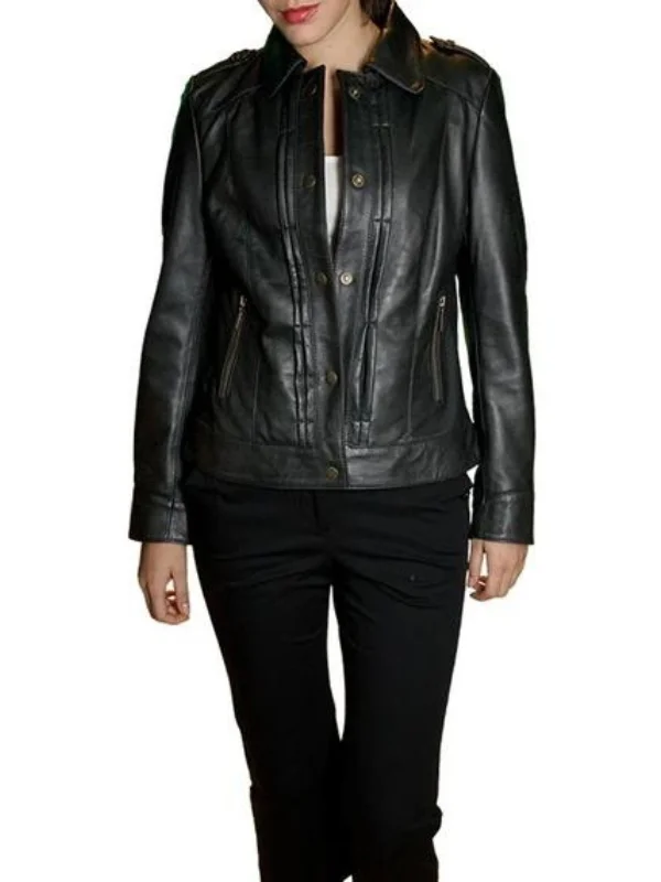 Women's Black Leather Cafe Racer Jacket