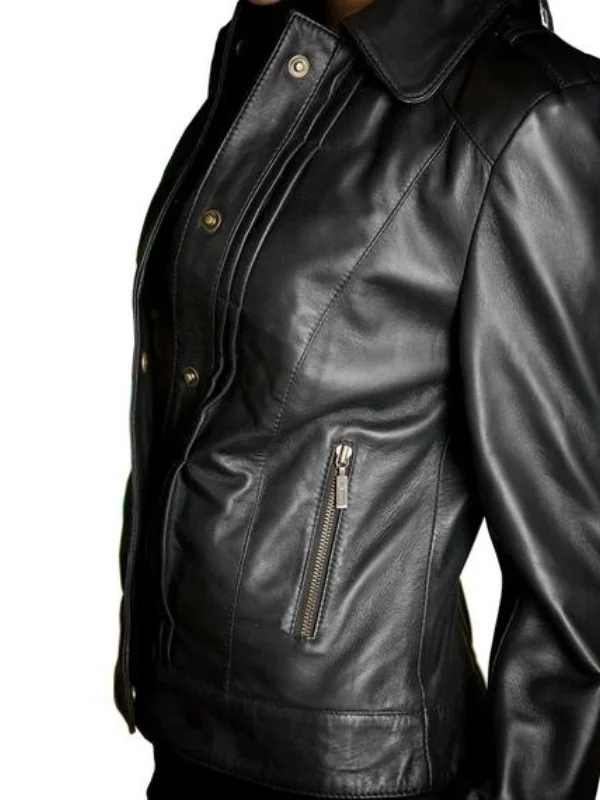 Women's Black Leather Cafe Racer Jacket