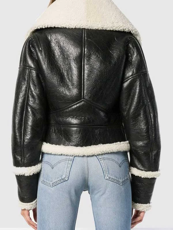 Women’s Black Leather Cropped Wide Shearling Collar Jacket