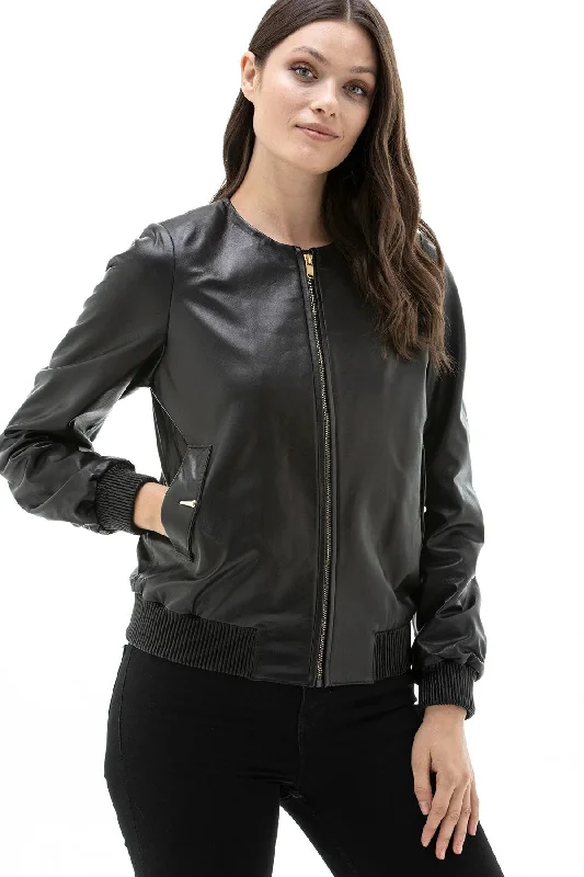 Womens Piano Black Bomber Leather Jacket