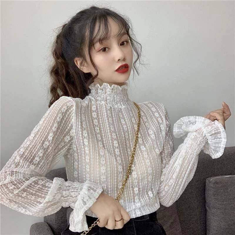 Women's Sweet Floral High Collar Flare Sleeve Lace Sweatshirts