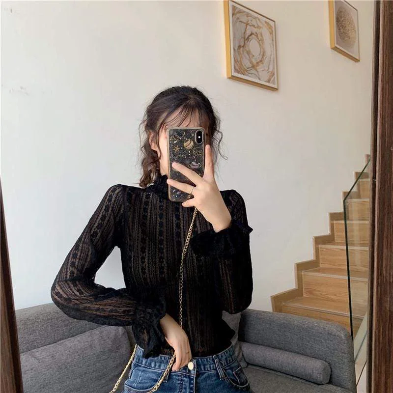 Women's Sweet Floral High Collar Flare Sleeve Lace Sweatshirts