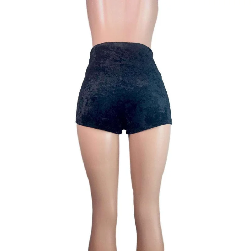 High Waisted Booty Shorts - Black Crushed Velvet