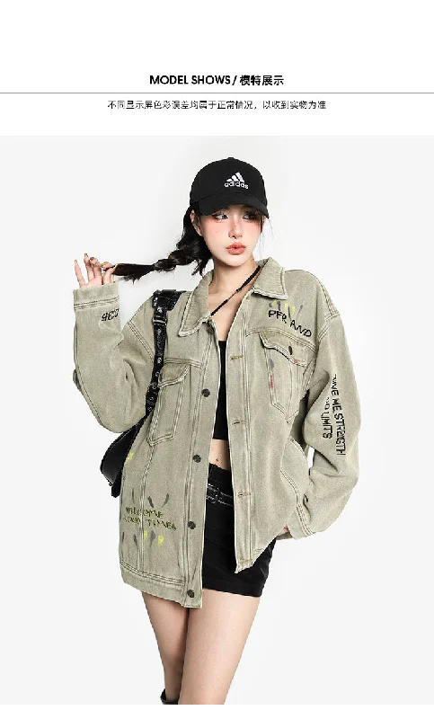 Heidi Letter Embroidery Green Denim Long Sleeve Jacket