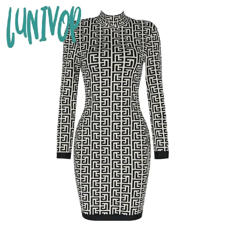 Lunivop Fashion Women Bodycon Clothing Chic Geometric Jacquard Long Sleeve Bandage Dress Wedding Birthday Evening Cocktail Party Dresses