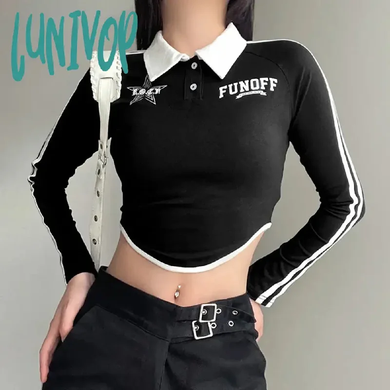 Lunivop Korean Fashion Letter Print Polo T-shirts  Women Stitched Crop Top Y2K Sexy Long Sleeve Vintage Casual Slim Fit Tee Y2k Tops