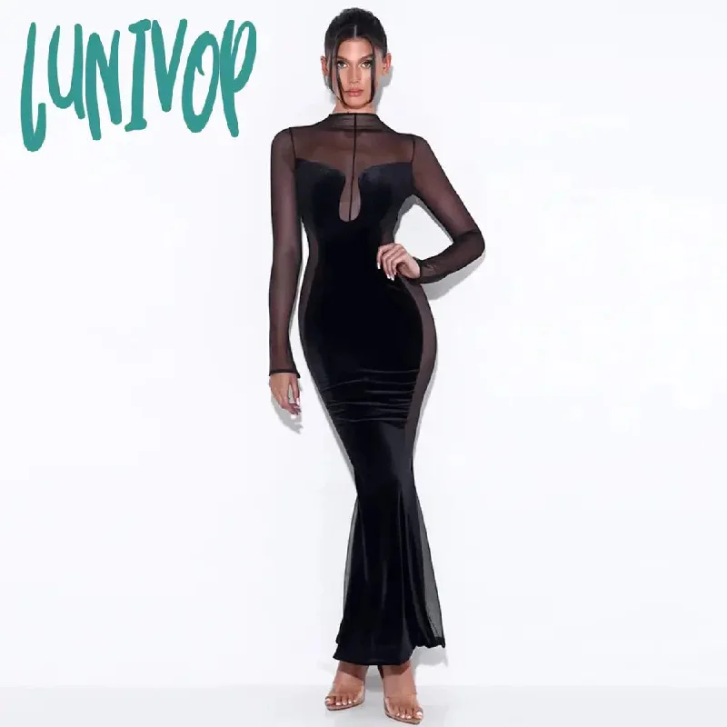 Lunivop Mesh Long Sleeve Maxi Dress Green Sexy Evening Night Date Party Dresses Mermaid SeeThrough Velvet Dress Women