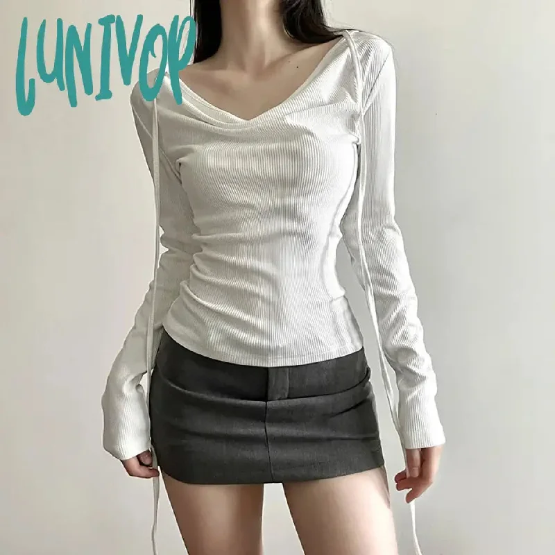 Lunivop Vintage Sexy Black Cropped T Shirts Women Korean Style Bandage V Neck White Tops Casual Solid Long Sleeve Tee Shirts