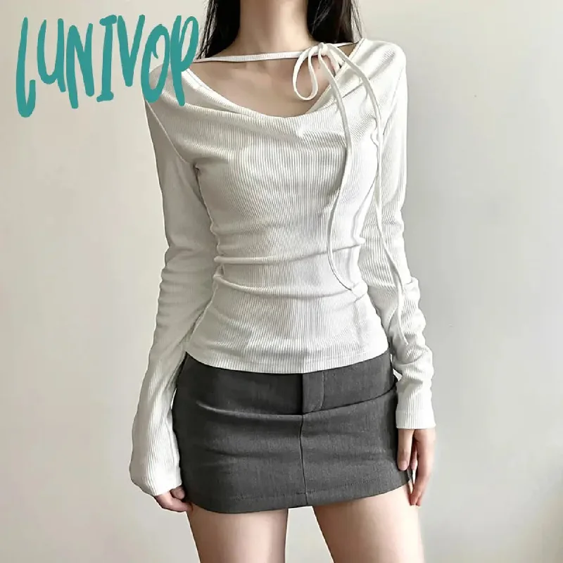 Lunivop Vintage Sexy Black Cropped T Shirts Women Korean Style Bandage V Neck White Tops Casual Solid Long Sleeve Tee Shirts