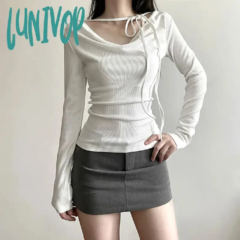 Lunivop Vintage Sexy Black Cropped T Shirts Women Korean Style Bandage V Neck White Tops Casual Solid Long Sleeve Tee Shirts