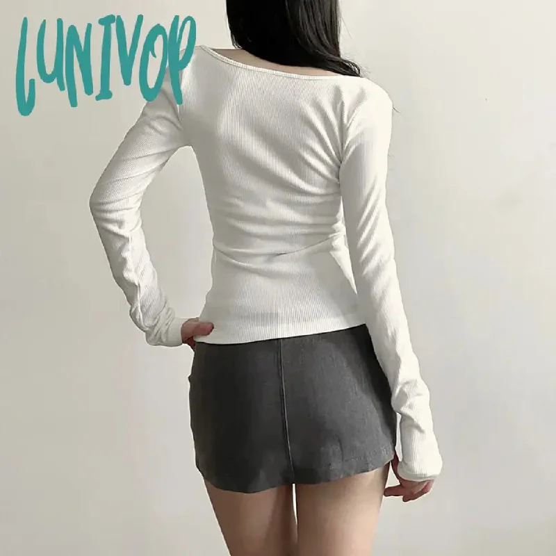 Lunivop Vintage Sexy Black Cropped T Shirts Women Korean Style Bandage V Neck White Tops Casual Solid Long Sleeve Tee Shirts