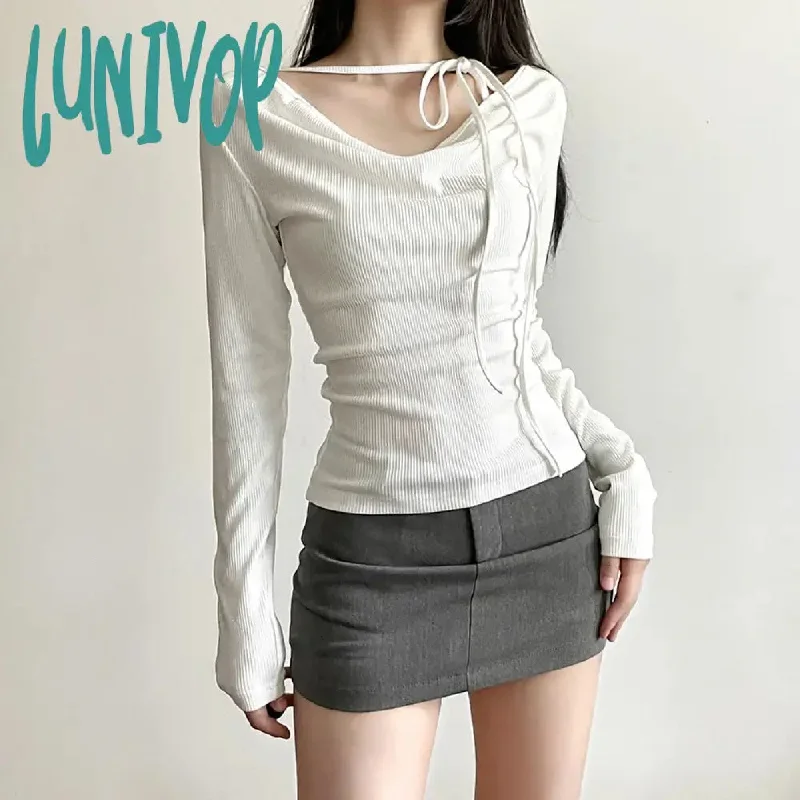 Lunivop Vintage Sexy Black Cropped T Shirts Women Korean Style Bandage V Neck White Tops Casual Solid Long Sleeve Tee Shirts