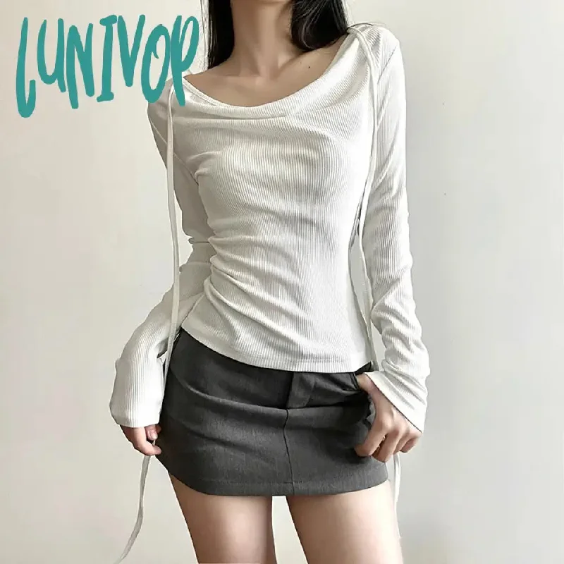 Lunivop Vintage Sexy Black Cropped T Shirts Women Korean Style Bandage V Neck White Tops Casual Solid Long Sleeve Tee Shirts