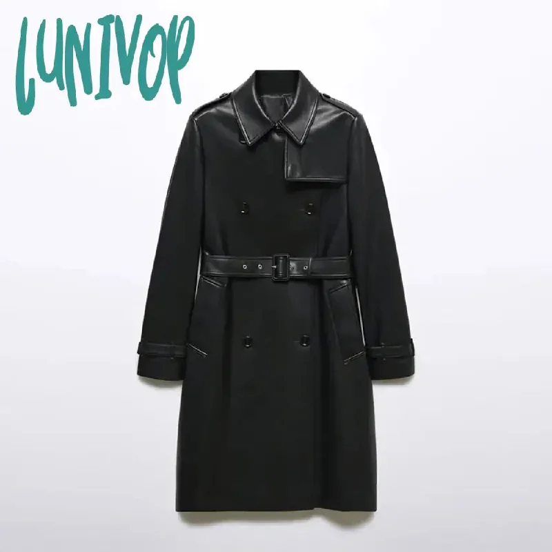 Lunivop Vintage Solid Faux Leather Lace Up Coat For Women Fashion Lapel Double Breasted Fur Jacket  Autumn Female Warm Chic Overcoat