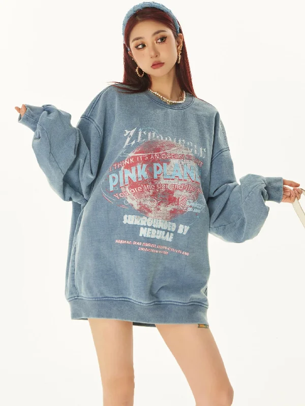 PINK PLANET Graphic Image Print Solid Color Washed Faded Long Sleeve Sweatshirt