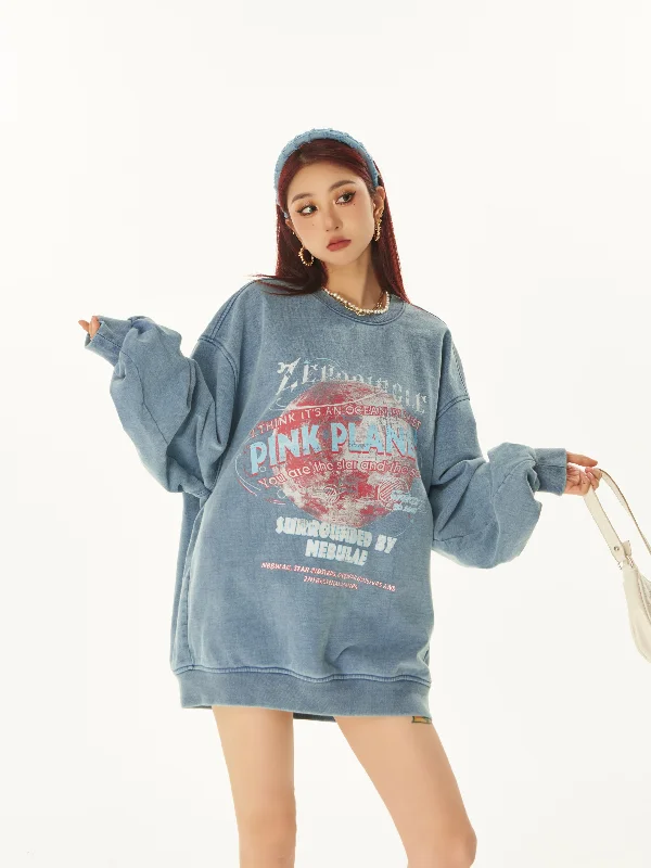 PINK PLANET Graphic Image Print Solid Color Washed Faded Long Sleeve Sweatshirt