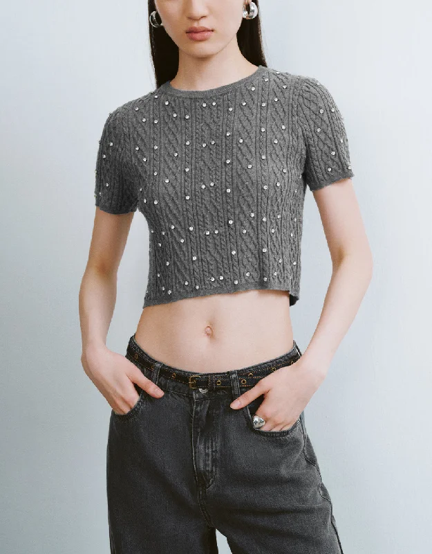 Rhinestone Décor Crew Neck Knitted T-Shirt