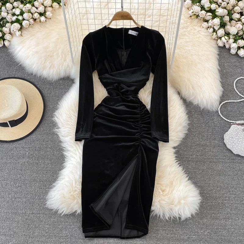 Simple V Neck Velvet Long Sleeve Dress Fashion Dress  10827